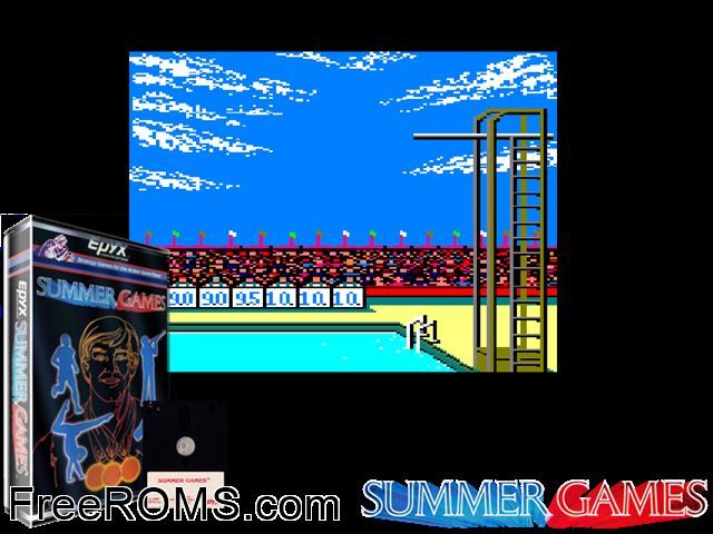 Summer Games (UK) (1988) [h2] Amstrad CPC game showing 3D box cover and gameplay screenshot